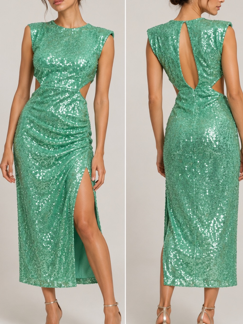 Zara NWT sea green sequin midi cut out dress 7990/908